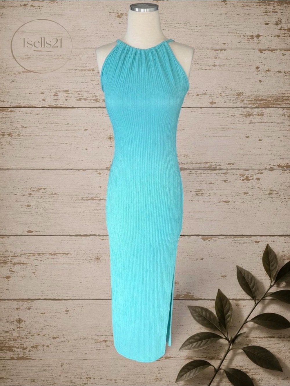 SHEIN Turquoise Ribbed Halter Maxi Dress w/ Double Slits - Size S